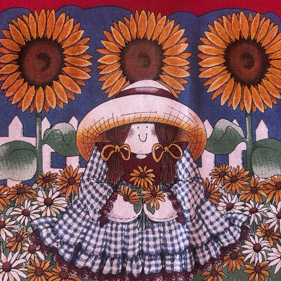 Vintage 90's Women's Medium Red T Shirt Sunflowers Friends Cottage Core Country - Picture 2 of 11